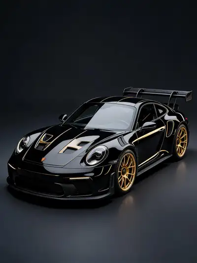 Obsidian black hypercar with gold leaf accents studio render