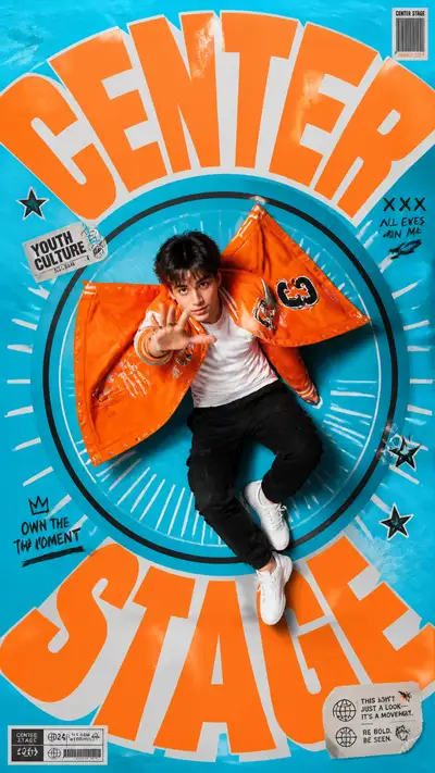 Center Stage top-down streetwear fashion poster prompt