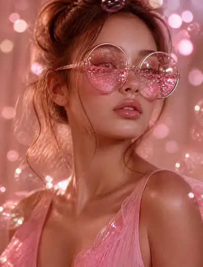 Traumhaftes Porträt-Prompt mit rosa Blasenbrille