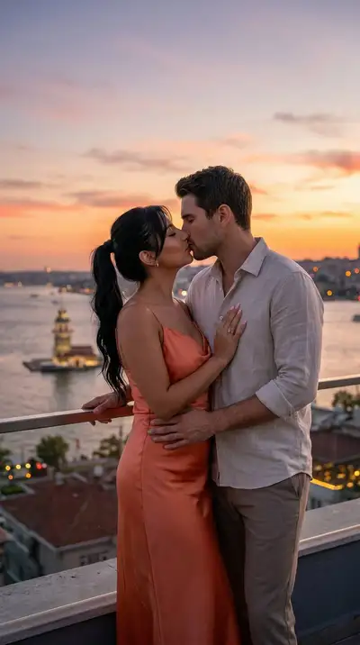 Romantic Rooftop Kiss at Sunset