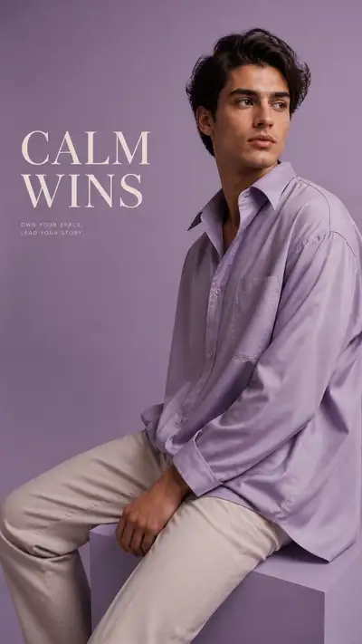 Luxury editorial portrait in an oversized lavender shirt