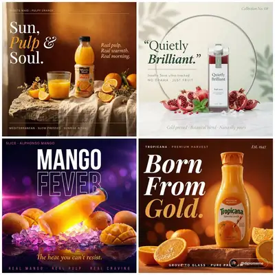 Mediterranean lifestyle campaign posters for juice and fruit drinks
