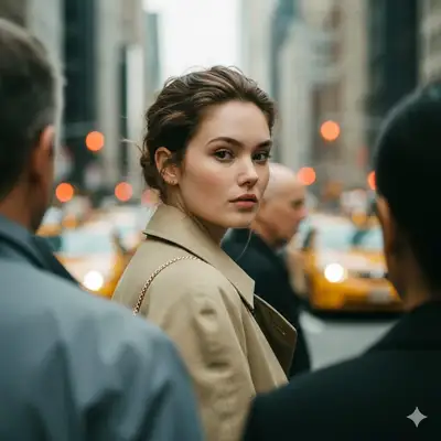 Candid street portrait with a blurred crowd in the foreground