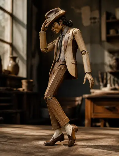 Wooden automaton in Michael Jackson signature dance pose
