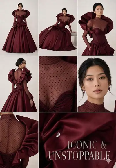 High-Fashion Maroon Gown Editorial Collage
