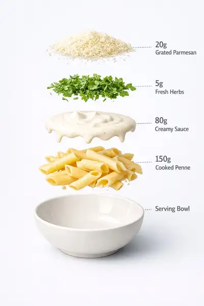 Creamy penne pasta studio food photography