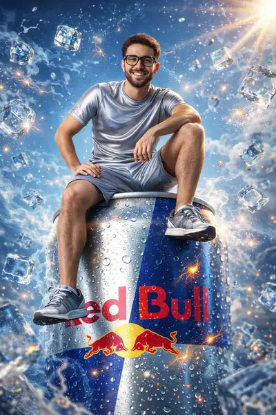 Hyper-realistic Red Bull energy drink summer ad