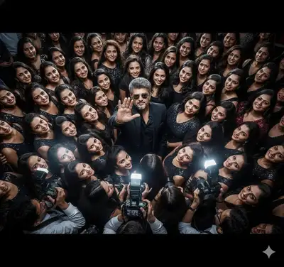 Man in suit surrounded by a circle of admirers under paparazzi flash
