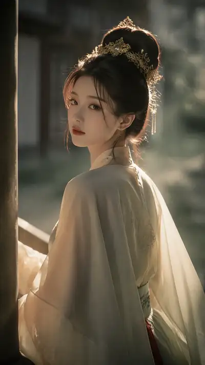 Classical Chinese beauty portrait in elegant Hanfu with soft lighting