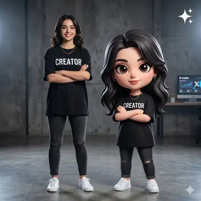Mulher real posando ao lado de sua gêmea animada em 3D estilo Pixar
