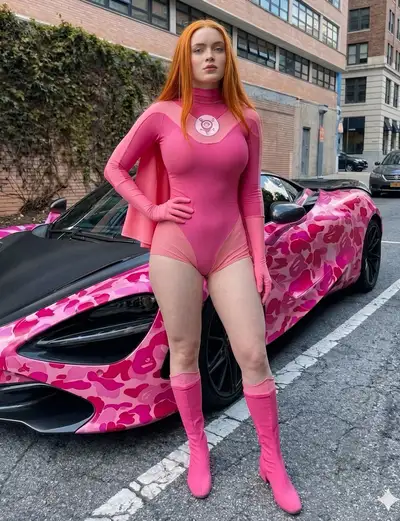 Superhero Woman Posing on Sports Car Hood