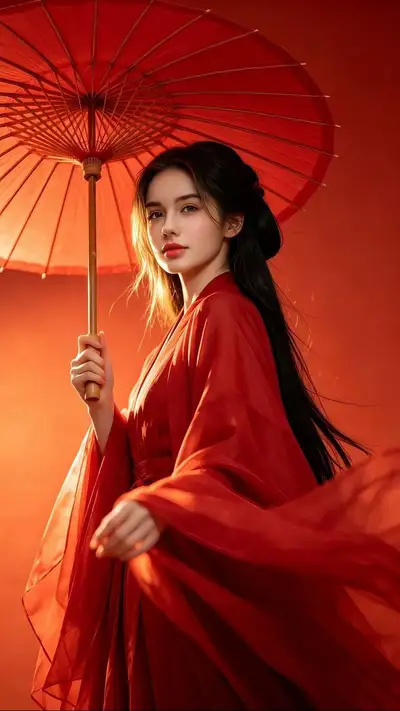 Classical Chinese Hanfu fashion portrait with a red umbrella