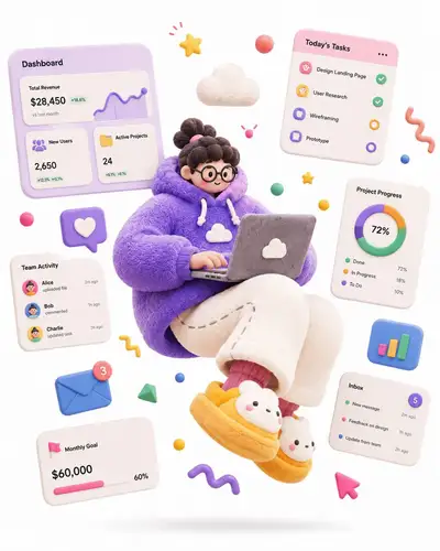 Soft-sculpture 3D SaaS hero illustration