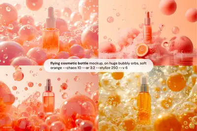 Flying Cosmetic Bottle Mockup with Bubbles