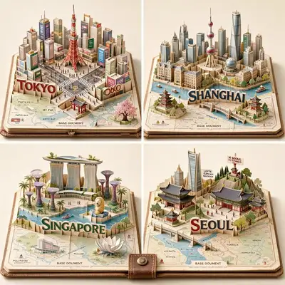 Prompt de diorama de livro pop-up para monumentos de uma cidade