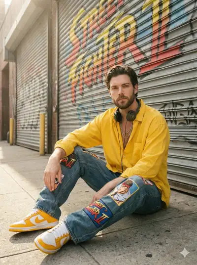 Sunlit streetwear portrait with retro arcade graffiti