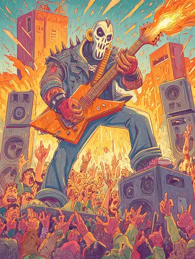90s Cartoon Villain Rock Star with Fire Guitar