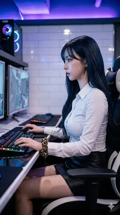 Korean PC bang gamer portrait with RGB keyboard setup