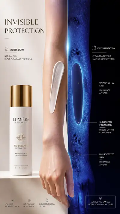 Sunscreen ad with UV protection visualization