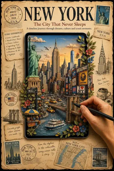 Vintage travel poster with papercraft diorama tablet
