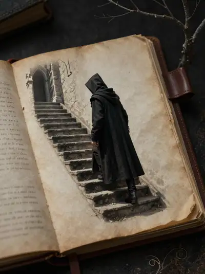 Ancient leather diary revealing a hooded figure on stone stairs