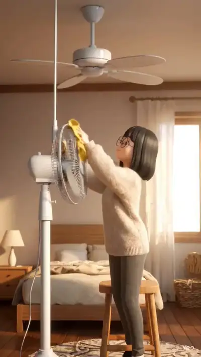Cozy 3D Animated Woman Cleaning a Fan in Sunlit Bedroom