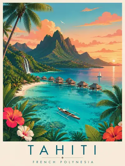 Vintage Tropical Travel Poster of Tahiti