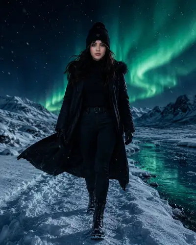 Retrato Cinematográfico Nocturno del Ártico de Mujer Segura