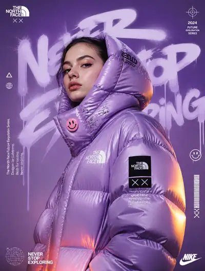 Futuristic streetwear puffer jacket advertising poster