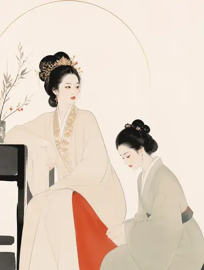 Ilustración minimalista de revista de Wang Xifeng y Ping'er