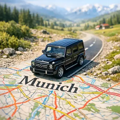 Miniature car driving on a road that becomes a printed map