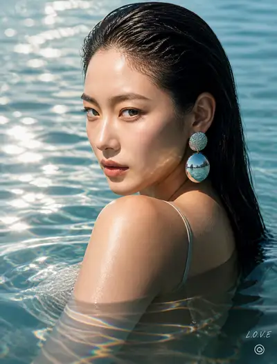 High fashion jewelry campaign portrait, model submerged in ocean water