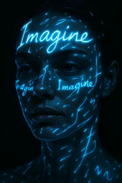 Surreal Neon Portrait with Glowing Text