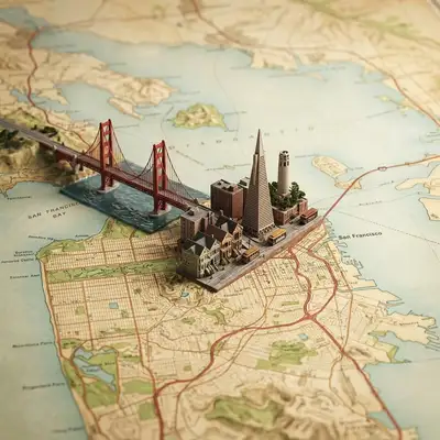 Miniature City Diorama Rising from a Geographic Map