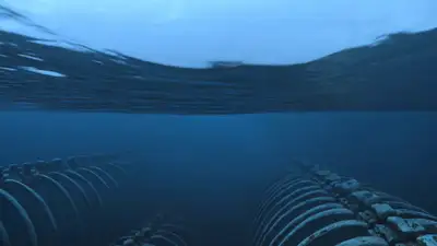 Submarine racing through giant ancient sea creature skeletons, Kling 3.0