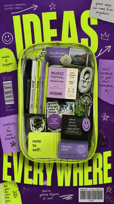 Giant pencil case creative toolkit collage poster