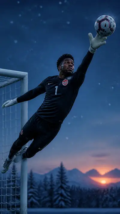 High-contrast Canadian goalkeeper save portrait