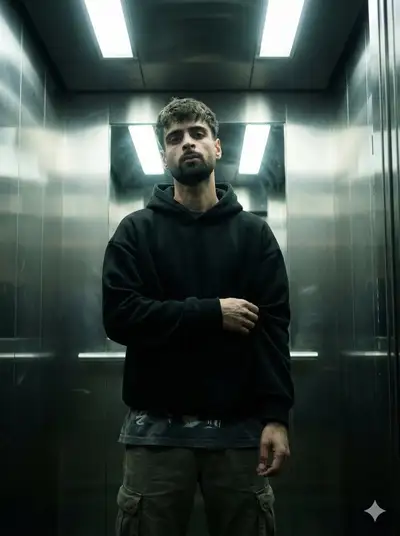 Tense cinematic portrait of a man inside a steel elevator