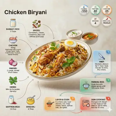 AI recipe infographic with ingredients, steps and cook-time badges