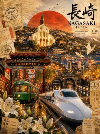 Póster de collage de viaje vintage-moderno de Nagasaki