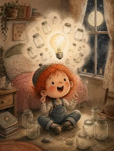 Whimsical chibi illustration of a boy with a lightbulb idea