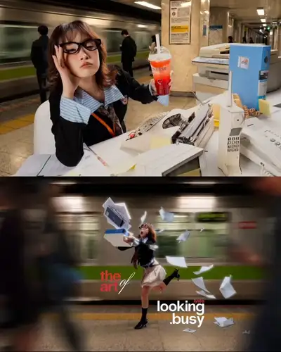 Retro Office Busy vs Asleep Commercial Collage