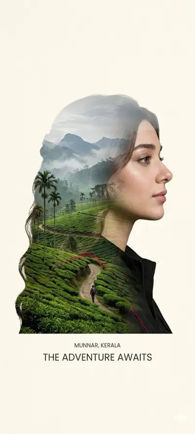 Minimalistisches Doppelbelichtungs-Reiseposter für Munnar, Kerala