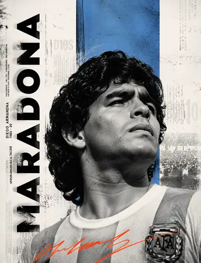 Minimalist editorial black and white football poster Maradona