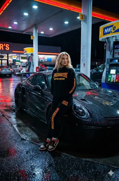 Retrato noturno em posto de gasolina encostada em um Porsche preto