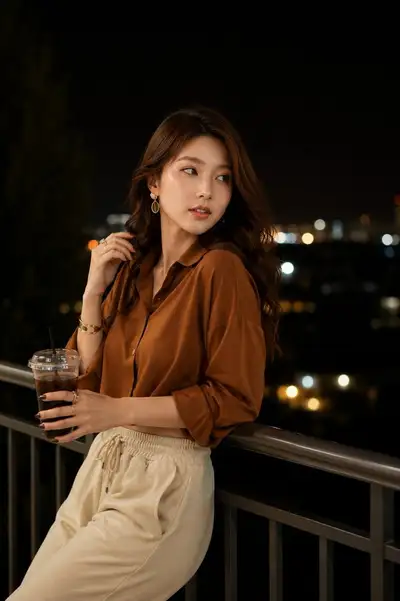 Night balcony lifestyle portrait with city skyline