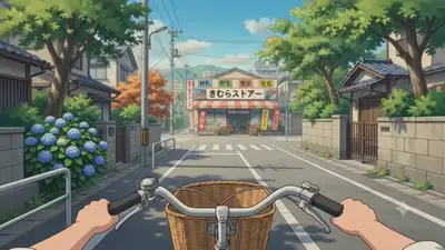 Ich-Perspektive-Video-Prompt einer Fahrradfahrt zu einem japanischen Lebensmittelladen