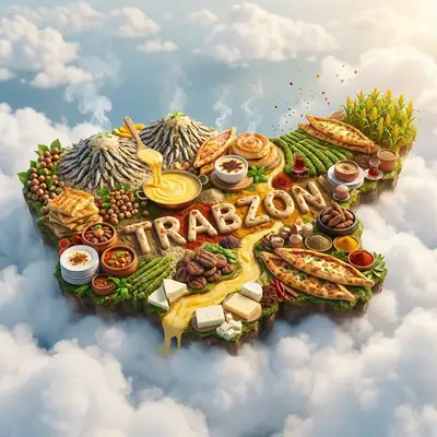 Schwebende Miniatur-Gastronomie-Insel in Form der Essenslandkarte einer Stadt