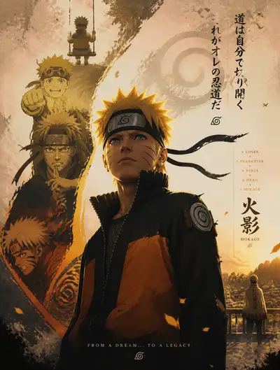 Naruto character growth poster with layered silhouette echoes