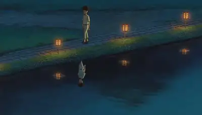 Anime-style riverside evening walk